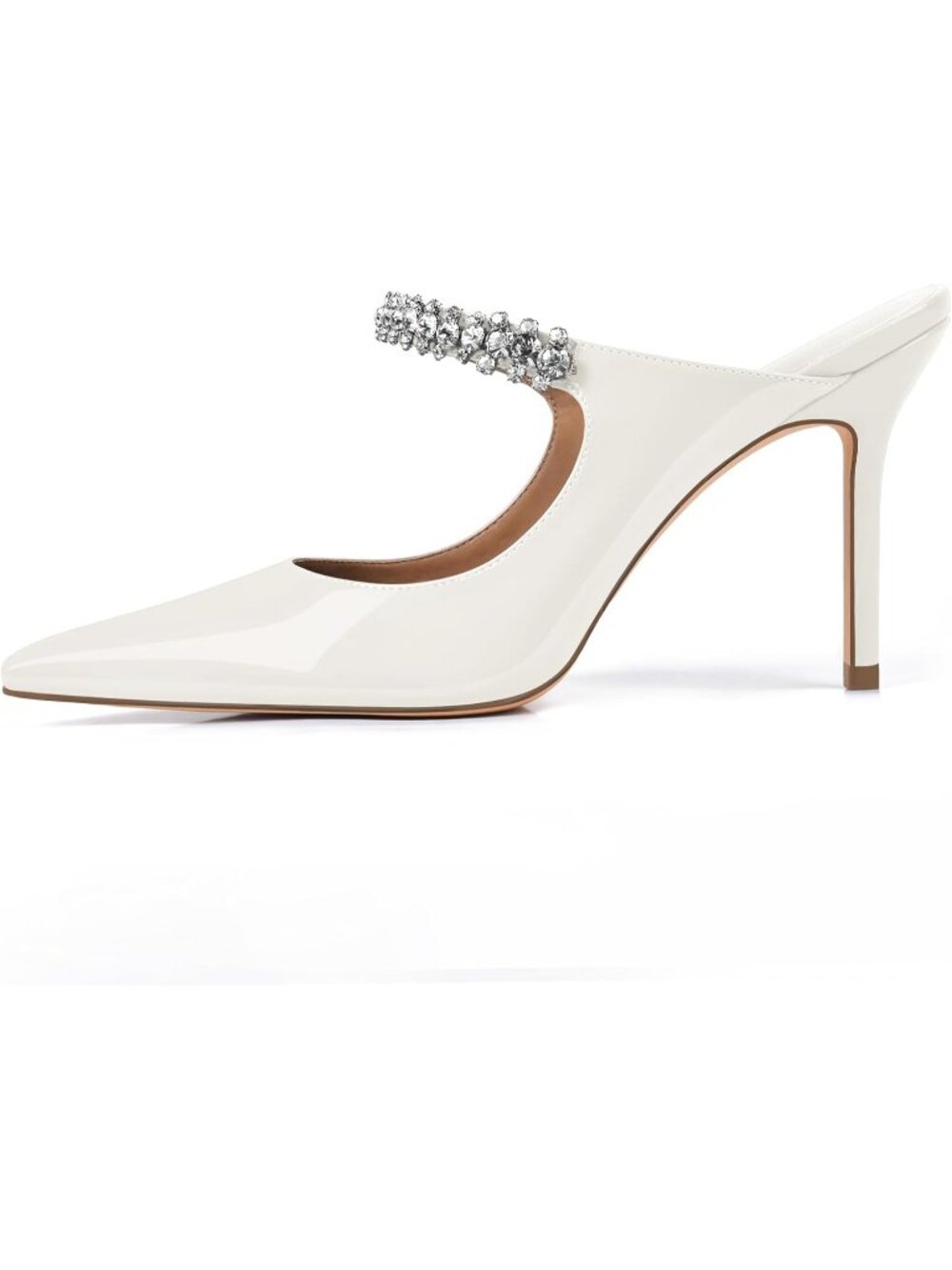 Women's White Rhinestone Heels Pointed Toe Slip On 4" Stiletto Closed Toe Pumpsv